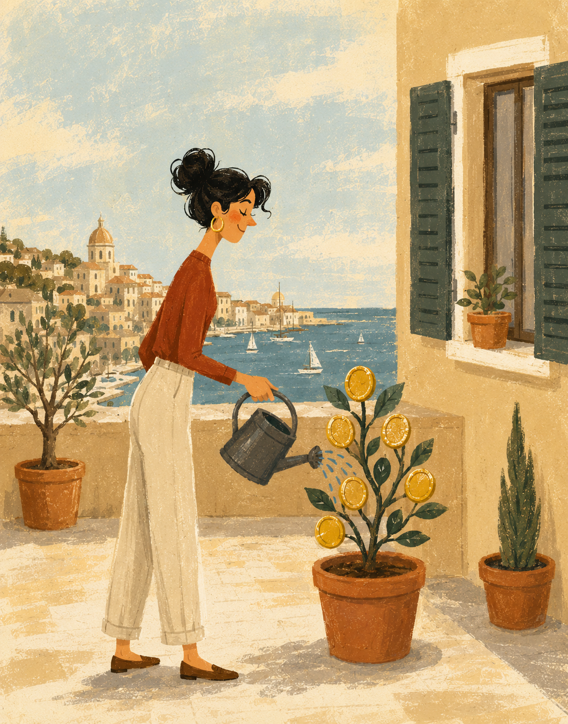 Illustrazione: una mamma annaffia una piantina di monete sul balcone davanti al mare