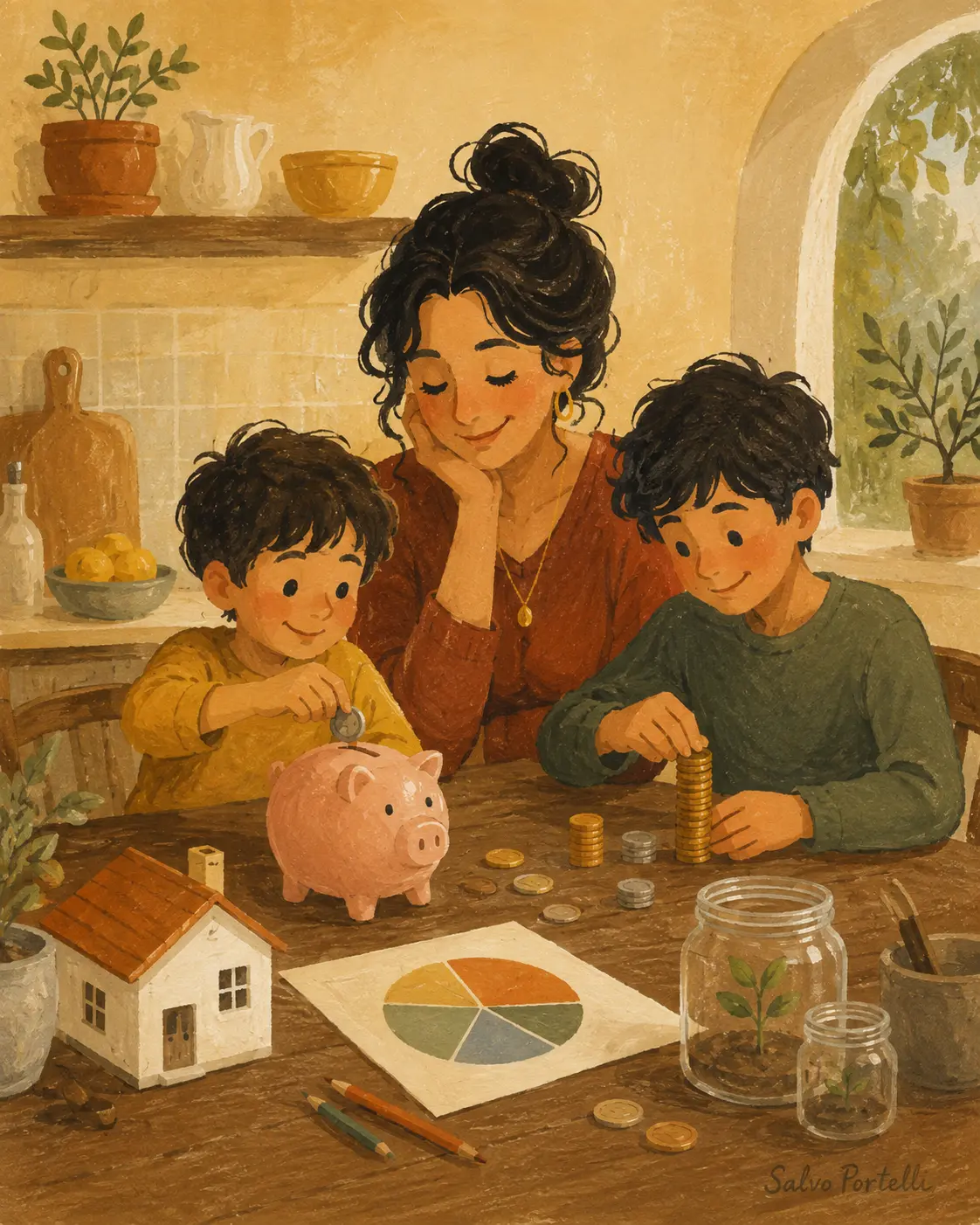 Illustrazione: una mamma e due bambini mettono monete nel salvadanaio in cucina