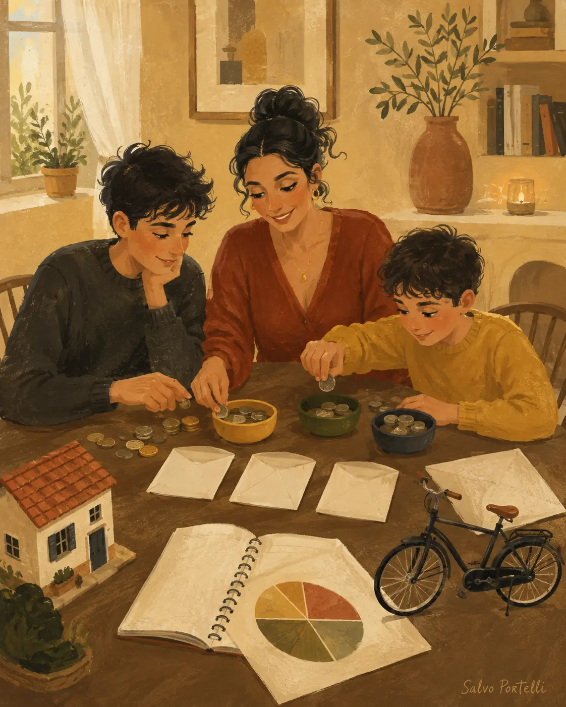 Illustrazione: una famiglia divide le monete in ciotole e buste attorno al tavolo