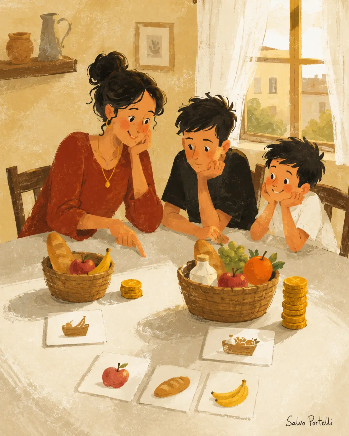 Illustrazione: una mamma e due bambini confrontano due ceste della spesa e il loro costo