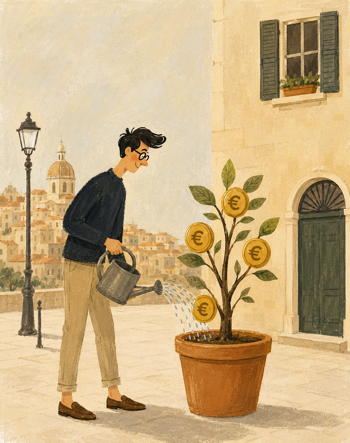 Illustrazione: un papà annaffia una piantina che fa crescere monete nella piazza del paese